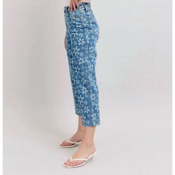 Judy Blue Floral Print Crop Wide Leg Jeans 15 32 Retro Hippie Flower SOLD OUT - Picture 3 of 9